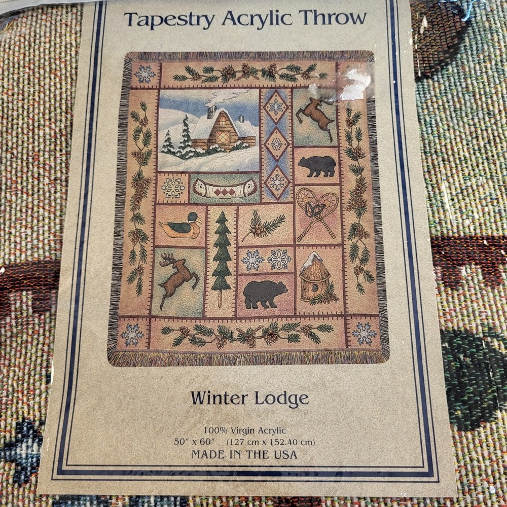 Vintage Tapestry Acrylic Woven Throw Blanket "Winter Lodge" USA